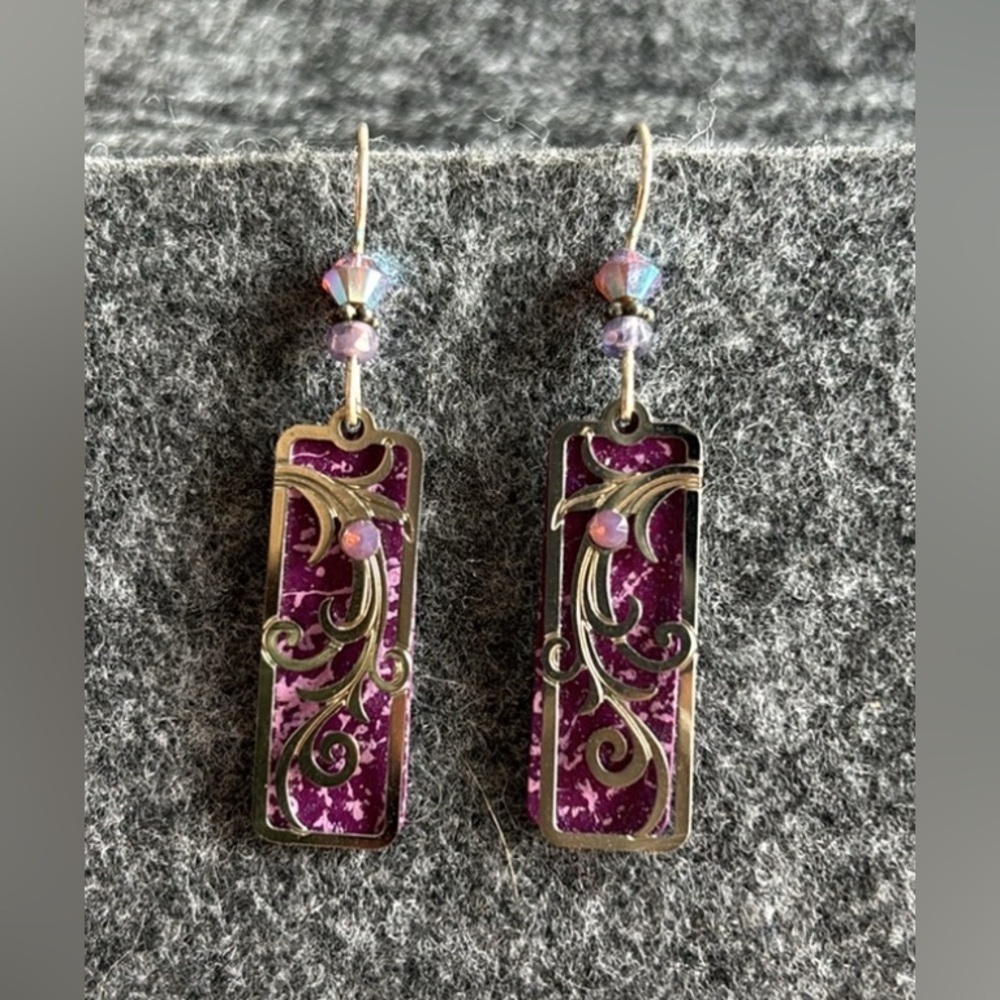 Adajio Earrings Glittering Purple Column with Shiny Silver Tendrils Overlay